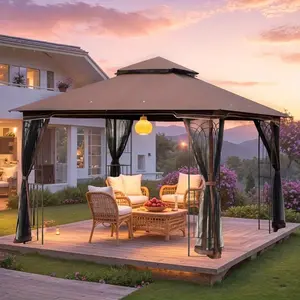 10x10 FT Steel Gazebo with Privacy Netting, Double Vented Top Canopy Tent with Detachable Shelves for Patio, Backyard & Outdoor Events
