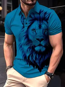 Men's Fashion Trendy 3D Digital Print Lion Pattern Button Polo Shirt, Comfortable Breathable Fabric, Outdoor Sports Short Sleeve Top