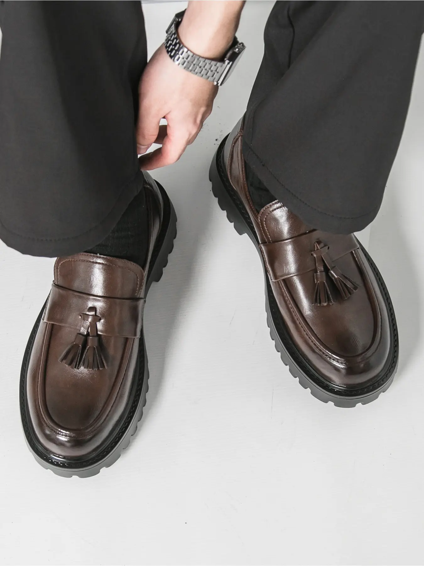 1 Pair of Thick Sole Height Increasing Comfortable  Fashionable Tassel Men PU Leather Loafers Footwear