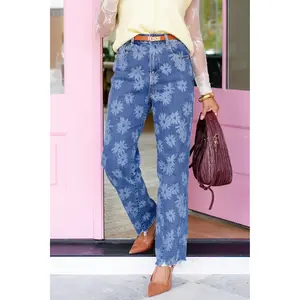 Medium Wash High Rise Daisy Print Jeans