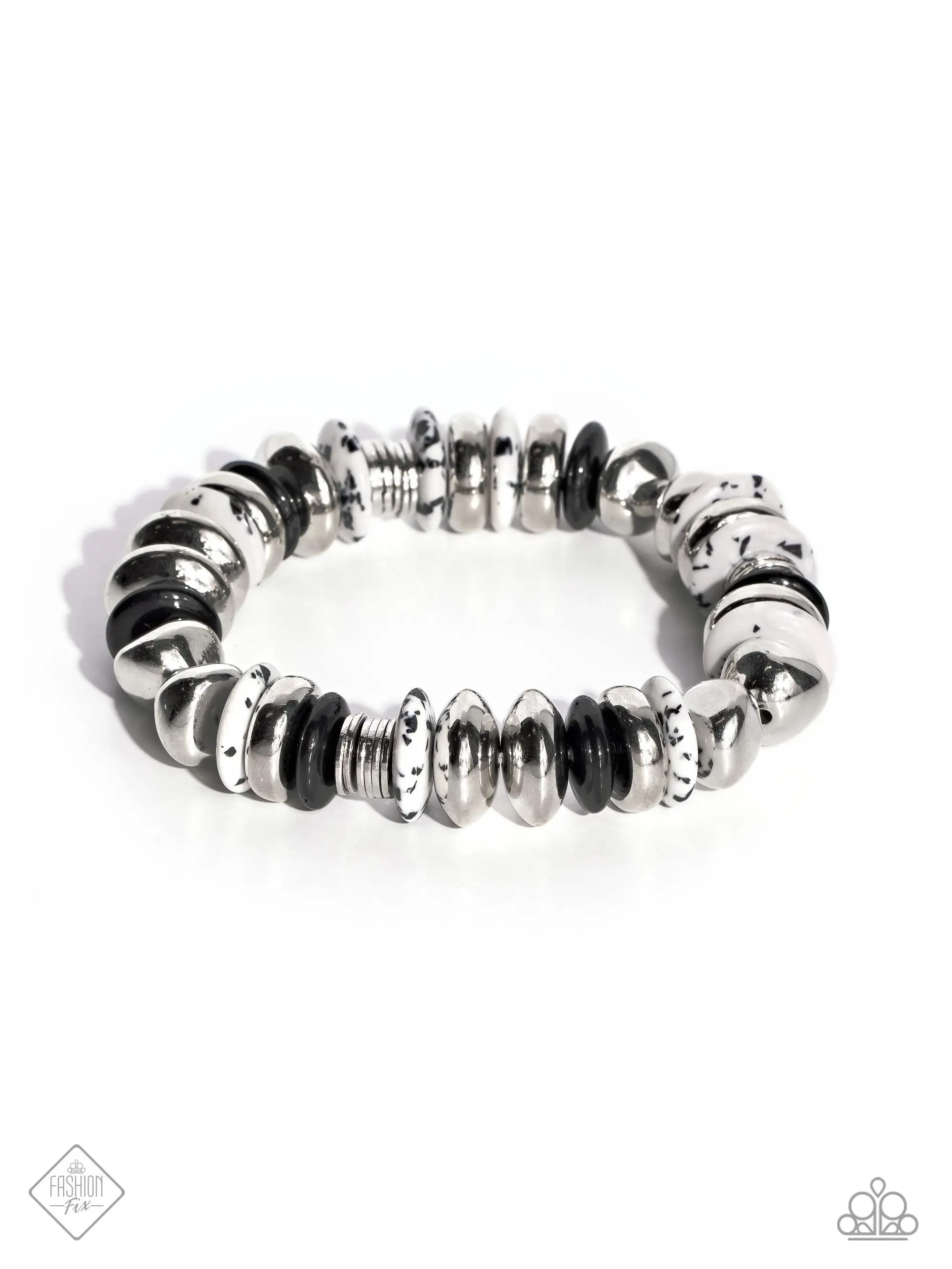 Harmoniously High-End - Black Stretchy Bracelet - Black-Dotted Pattern, Abstract White Stone Discs, Black Acrylic Discs, and Various Silver Discs and Accents Along Stretchy Band