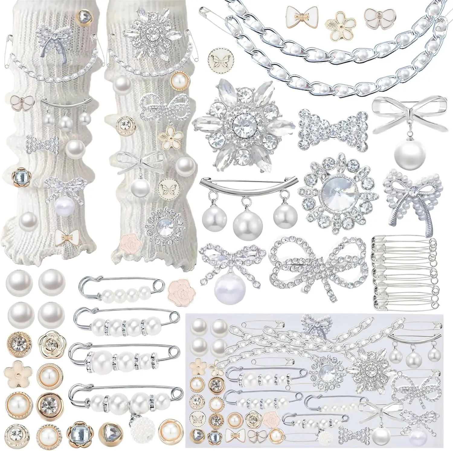 54Pcs Shoe Charms for Sneakers and Socks, Silver Pearl Rhinestone Brooches and Safety Pins Kit, DIY Sock Decoration Accessories for Women and Girls
