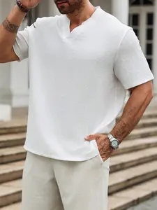 Men's Plus Size 2xl-6xl Street Style Waffle Shirt, Split Neck Short Sleeve T-Shirt, Casual Fashion Top for Everyday Wear