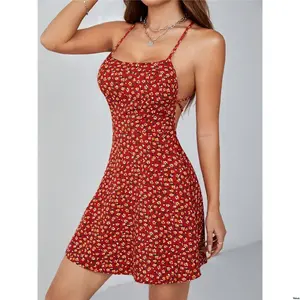 Dress Summer Backless PETITE tiktok Ditsy Floral Spaghetti Strap