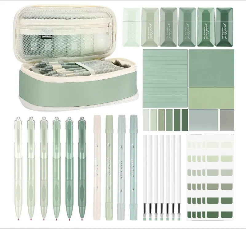 38 Pcs Aesthetic Office Supplies with Pen Case Sticky Notes Gel Pens Highlighters Correction Tapes Stationery Kit for Office Work Coworkers(Green Color,Classic)