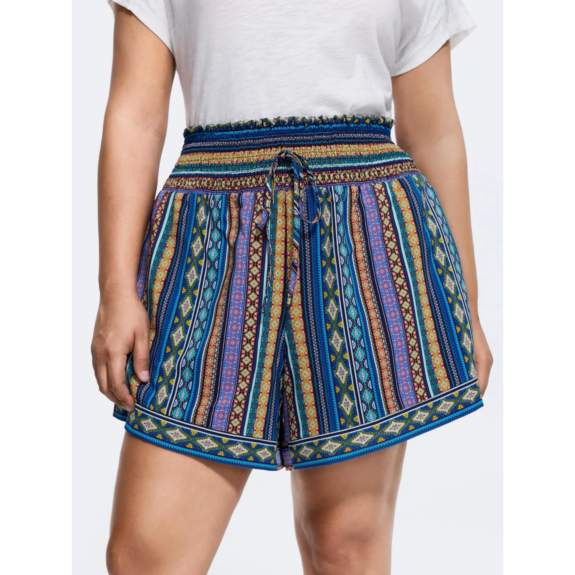 BloomChic Women's Plus Size Ethnic Floral Shorts, High Rise Smocked Drawstring Waist Summer Fit Bottoms, Smooth, Garment, Fabric