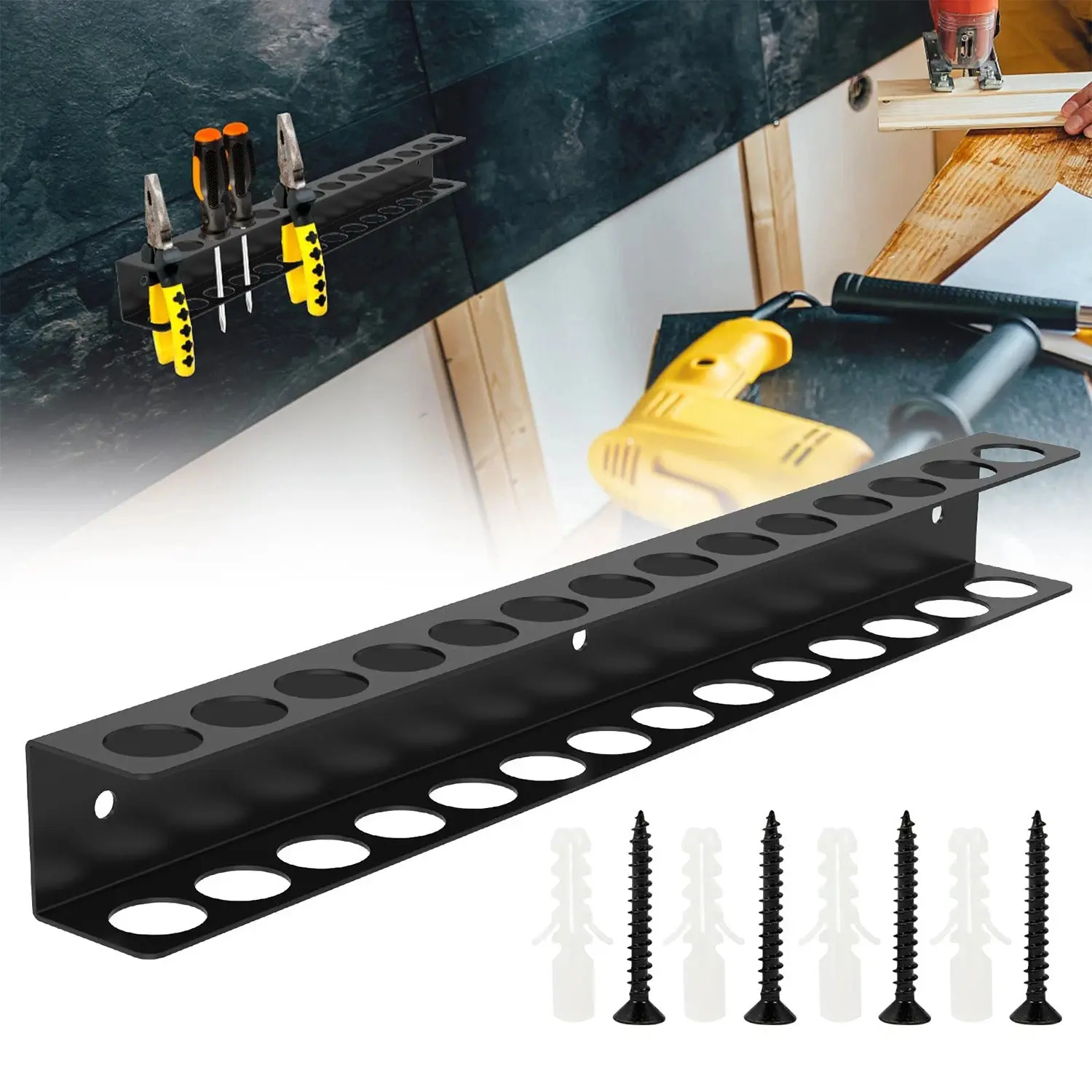 Black Metal Wall-Mounting Multi-Slot Storage Rack - Versatile Storage for Screwdrivers, Pliers, Compact Indoor Organizer for Home, Workshops