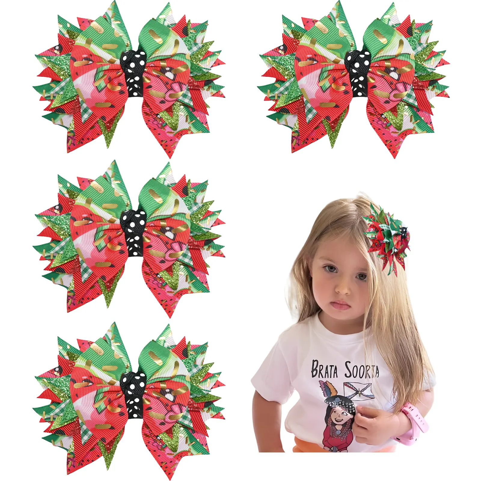 JoyBowie 4pcs Large Cheer Bow Hair Ties for Girls, Grosgrain Ponytail Bows with Elastic Bands, Cheerleading Team Hair Accessories, Sports Competition School Spirit Hair Bows