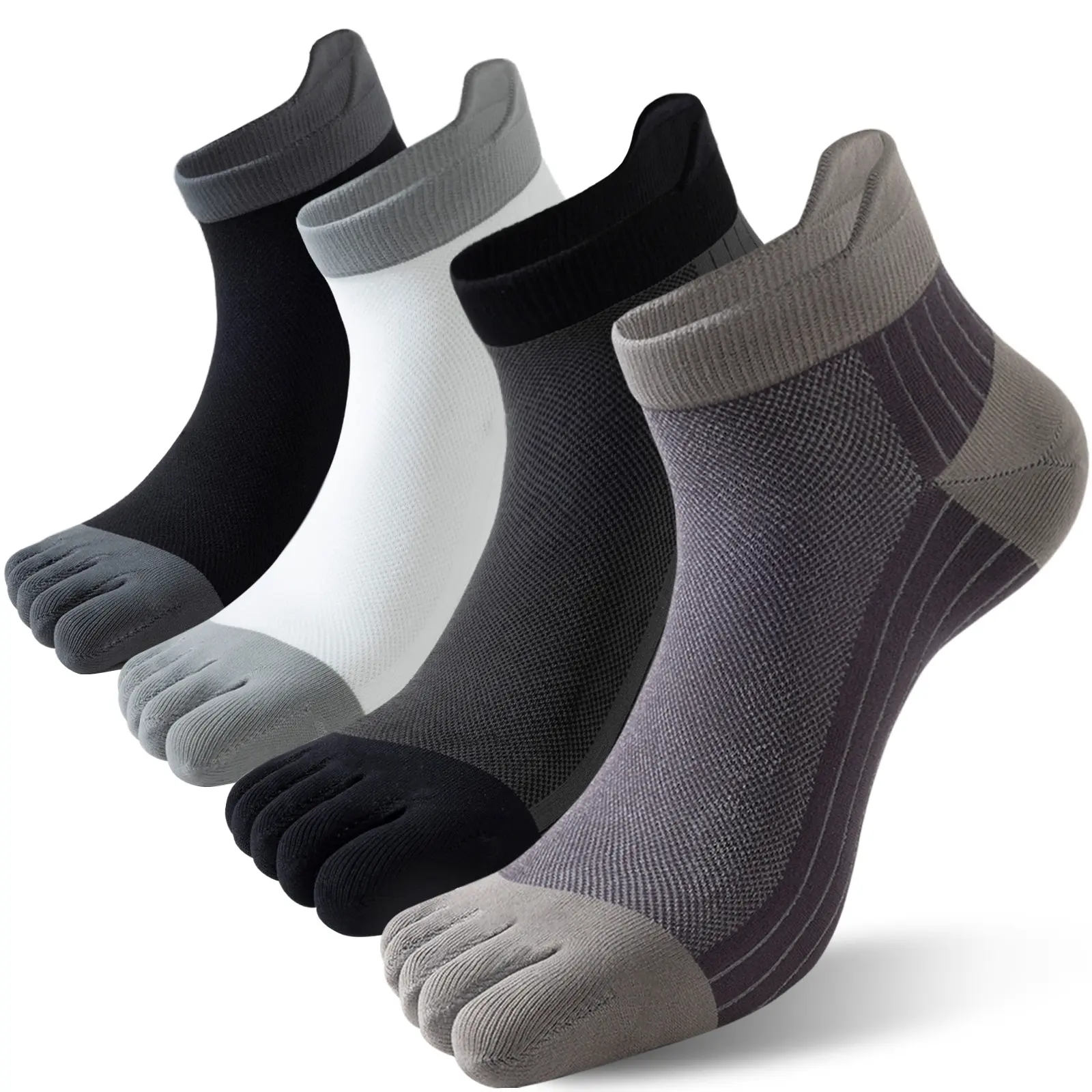 4 pairs of unisex five finger socks, moisture wicking ankle socks, breathable split toe socks, soothing and straightening toes, lifting design for easy on and off, breathable mesh design, free fitting foot shape, durable and wear-resistant, holiday gift