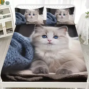 Cute Cat Print Bedding Set, Bedsheet Sets, 3-Piece Includes Sheet and Pillowcases, Fashionable and Cozy, No Pillows Included, Ideal for Bedroom Decor