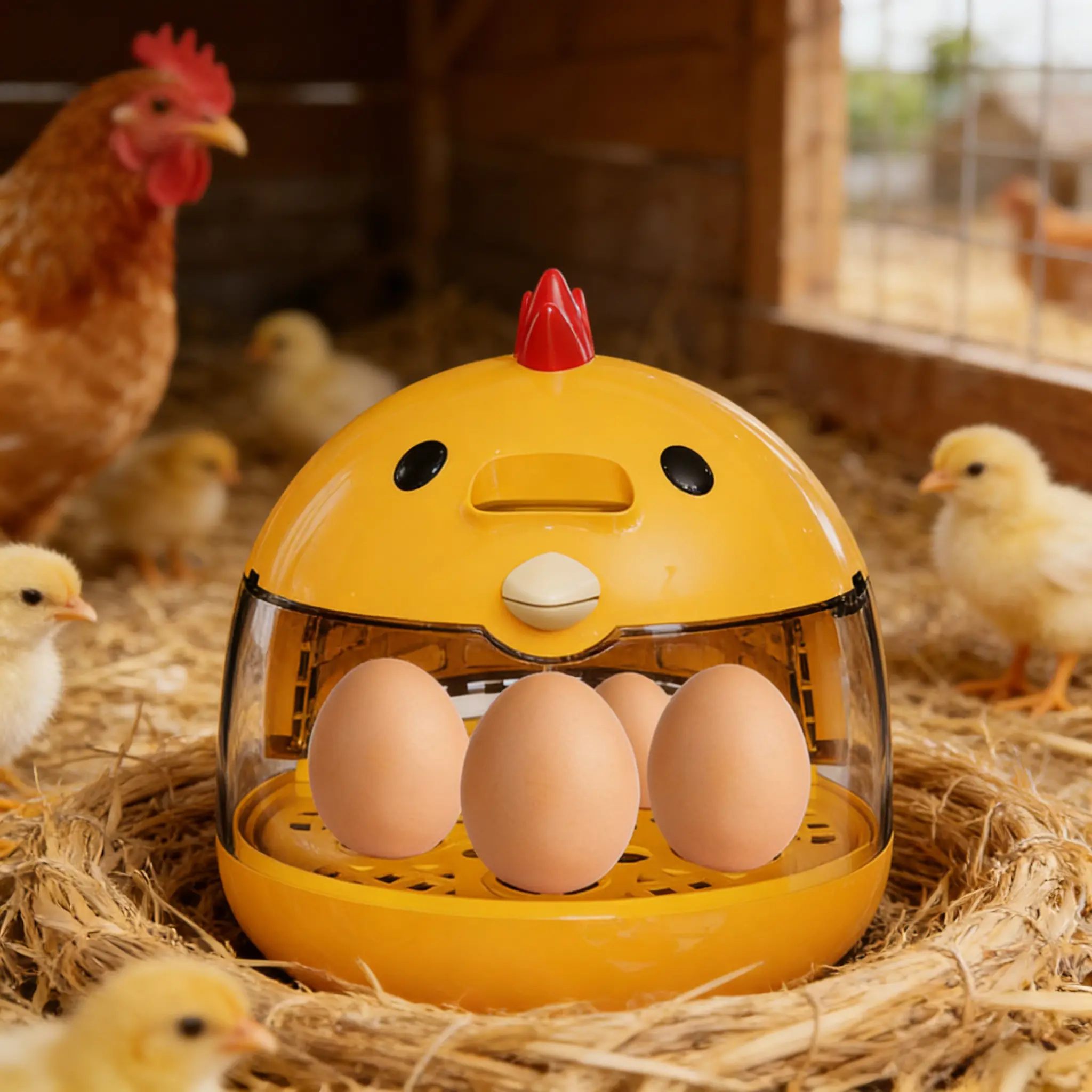 Portable Automatic Egg Incubator - USB Powered Mini Poultry Hatcher with 360° Transparent Lid - Cute Chick Style Brooder,Dual cute "eye" buttons to control temperature. For Hatching Chicken, Duck, & Quail Eggs