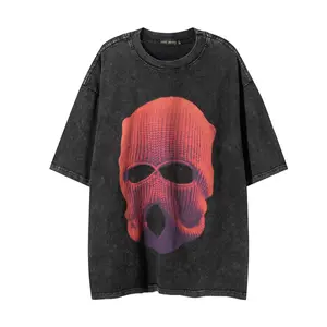 Red Ski Mask T-Shirt Vintage Washed Streetwear Graphic Tee for Menswear Top cotton