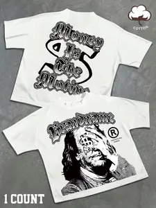 Vintage American Money Motif Graphic Tee for Men, Oversized Crew Neck Cotton T-Shirt with Dollar Sign Hand Print, Gothic Letter Streetwear Hip Hop Top, Casual Summer Outfit for Rapper Skateboard Street Style