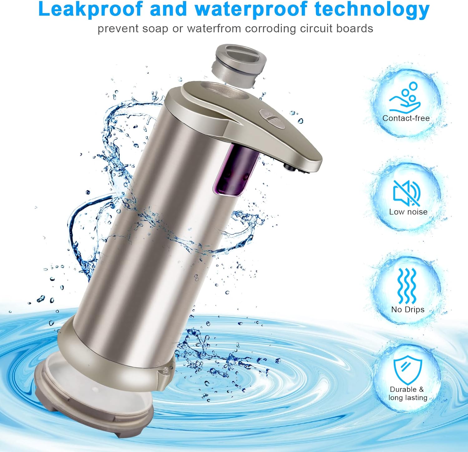 Automatic Soap Dispenser, 3 Adjustable Dispensing Levels with Stainless Steel, Infrared Motion Sensor & Waterproof Base, Smart Touchless Soap Dispenser for Bathroom, Kitchen, School and Hotel Use