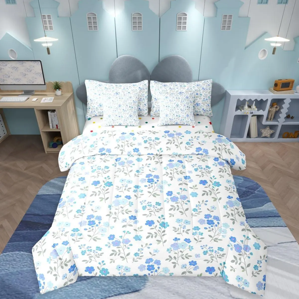 Blue Floral 7 Pieces Bedding Set,Cartoon Flower Leaves Bed in a Bag,Cottagecore Wildflower Bed Set Includes Comforter,Sheet Set,Pillowcases & Pillow Covers,Garden Flower Bedroom Decor