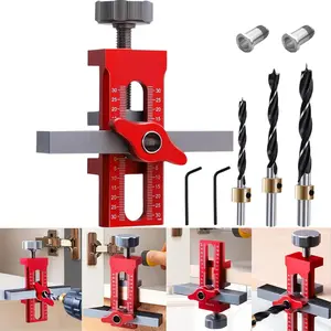 Cabinet Door Installation Jig, 2-in-1 Mounting Tool with Adjustable Positioner, Aluminium Alloy Versatile Cabinet Door Positioning Tool for  Cabinet Doors with 3 Drill Bits (Red)