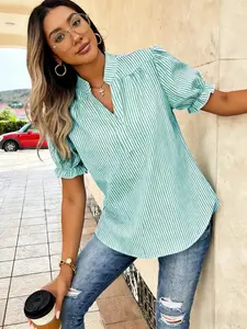 Cottagecore Striped Stand-Collar Puff Sleeve Ruffle Blouse Y2K Casual Striped V-Neck Puff Sleeve Daily Blouse Effortless Striped Stand-Collar Puff Sleeve Commute Blouse