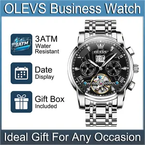OLEVS 9910 Men's Automatic Mechanical Watch, Layered Skeleton Dial with Rhinestone-encrusted Roman Numerals, Multi-functional Date, Month & Week Display, Luminous Water Resistant Formal Wristwatch, Suitable for Daily and Business Wear