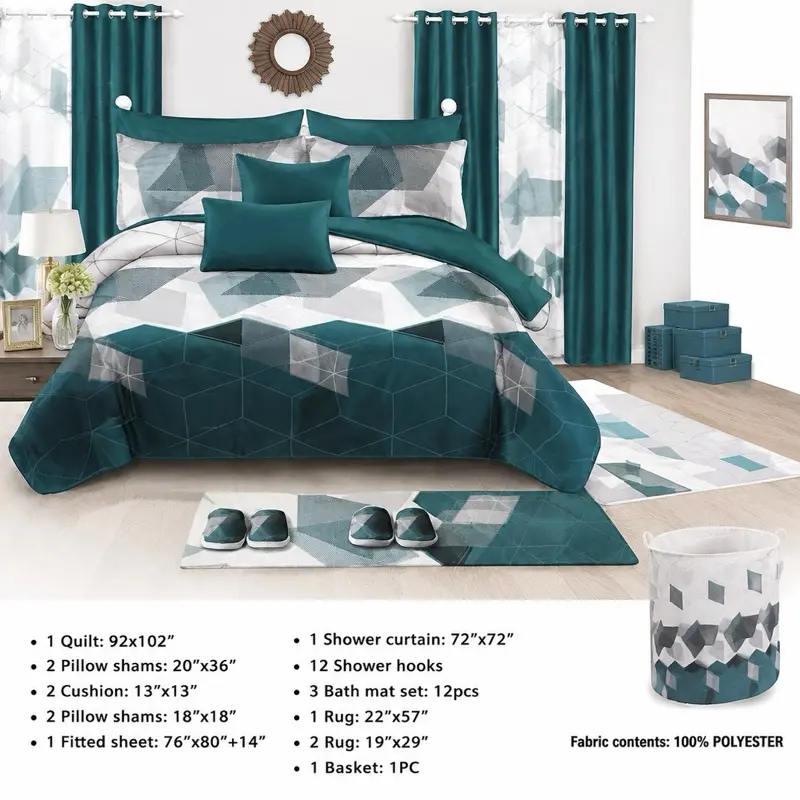 Juego de Recámara King Size 30 Piezas Completo – Edredón, Cortinas, Tapetes y Más | Diseño Moderno Azul Turquesa / 30-Piece King Size Bedroom Set – Comforter, Curtains, Bath Set & More | Modern Teal Geometric Design
