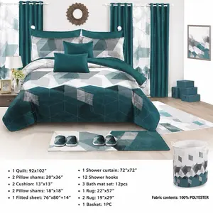 Juego de Recámara King Size 30 Piezas Completo – Edredón, Cortinas, Tapetes y Más | Diseño Moderno Azul Turquesa / 30-Piece King Size Bedroom Set – Comforter, Curtains, Bath Set & More | Modern Teal Geometric Design
