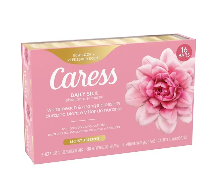 Caress Silkening Daily Silk Beauty Bar Soap, White Peach & Orange Blossom Scent, 3.75 oz Bars, 16 Count, Moisturizing Beauty Bar with Rich Creamy Lather, Gentle Daily Cleansing for Soft Smooth Skin, Fresh Fruity Floral Fragrance