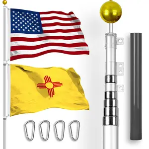 G128 Combo Pack: 25 Ft Telescoping Aluminum Flagpole (Silver) & American and New Mexico Flags 3x5 Ft, Both StormFlyer Series Embroidered 220GSM Spun Polyester | Pole with Flags Included