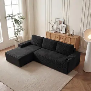 104" L Shaped Boneless Sectional Couches for Living Room, Comfy Corduroy Floor Cloud Sofa with Chaise and Cup Holder, Wide Armrest, Deep Seat, Assembly Free, Ideal for Small Spaces, Black