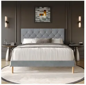 Modern Diamond Tufted Velvet Upholstered Twin Bed, Light Grey