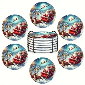Christmas Santa Sleigh Ceramic Coasters Set, Non-Slip Heat Resistant, Ideal for Coffee & Drinks, Home & Restaurant Decor Gift