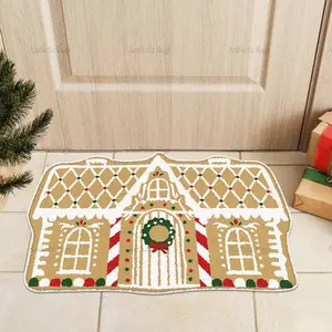 Bohemian Christmas Rug, Thick Soft Plush Mat, Cute Cartoon Gingerbread House Design, Decorative Rug Mat, Ideal for Living Room & Bedroom Decor