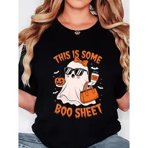 EEY Plus Size Women's Halloween Graphic T Shirt Featuring Spooky Ghost Design and Jack O Lanterns Lightweight Casual Oversized Fit Perfect for Spring and Summer