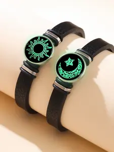 Glow in the Dark Sun Moon Star Leather Bracelet - Couple/BFF Matching Set, Niche Design Luminous Fashion Jewelry, Trendy Bangle