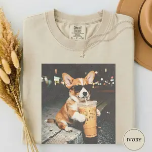 Comfort Colors Corgi Drinking Iced Coffee Shirt, Animal Meme Tee, Dog Lover Gift, Funny Corgi Shirt, Coffee Tee, Dog Mom Gift 7B