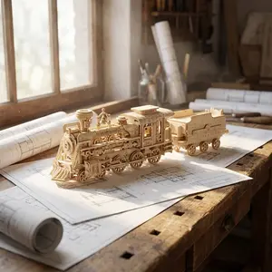 DIY 3D Wooden Train Puzzle Kit for Adults & Teens | Mechanical Locomotive Model Building Toy | Vintage Desk Decor