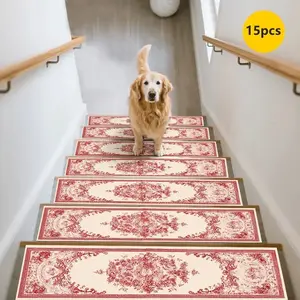 15pcs Non-Slip Stair Treads, Patterned Carpet Mats, Pet-Friendly Stair Protectors, Home Decorative Stair Pads, Anti-Slip Stair Rugs