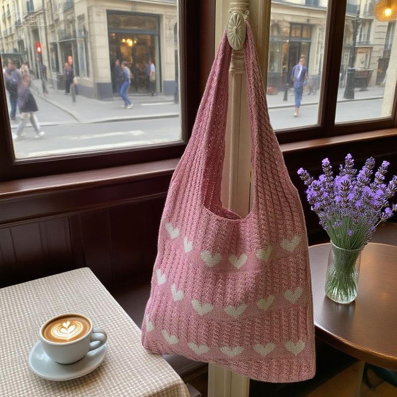 Women Love Heart Pattern Crochet Shoulder Bags, Fashionable Women's Handbags, Daily Casual Accessories, Perfect for Dating, Shopping and Traveling