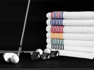 B9B Golf Caddy Towels 22in x 44in White with 4 Stripe Colors Red Blue Green Black