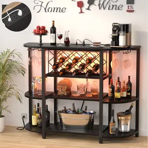Modern LED Lighted Coffee Bar Cabinet with Power Outlets & Wine Rack — 4-Tier Liquor Bar Table with RGB Lights, Storage Shelves, Glass Holder & USB Ports for Kitchen, Dining Room, or Living Space