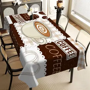 JIT 1PC 2D Flat printing, coffee element pattern long tablecloth, tabletop decorative cloth, tabletop protective cover, suitable for indoor and outdoor use, holiday style, universal in all seasons