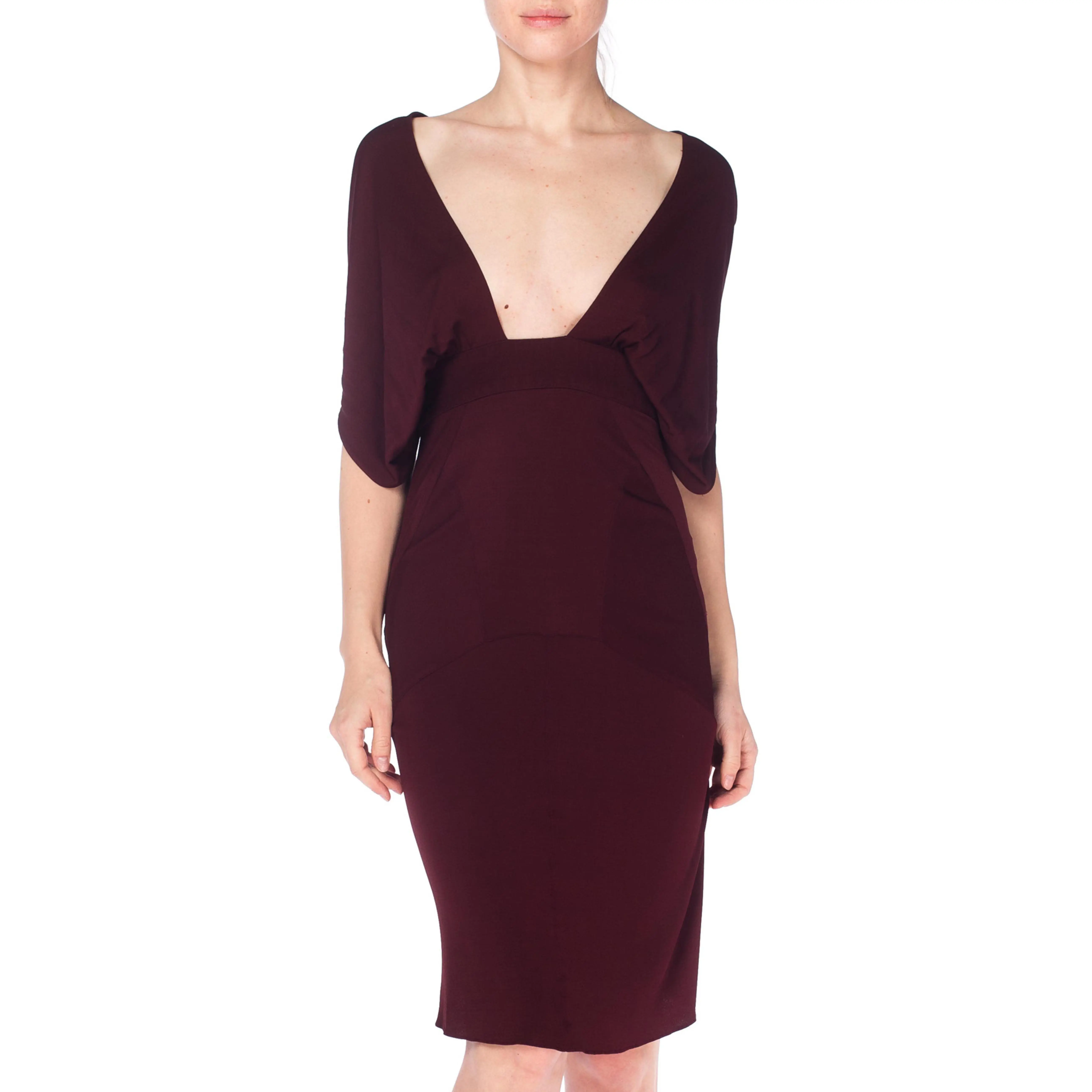 1980S AZZEDINE ALAIA Russet Brown Rayon Jersey Iconic Low Cut Dress With Cowl