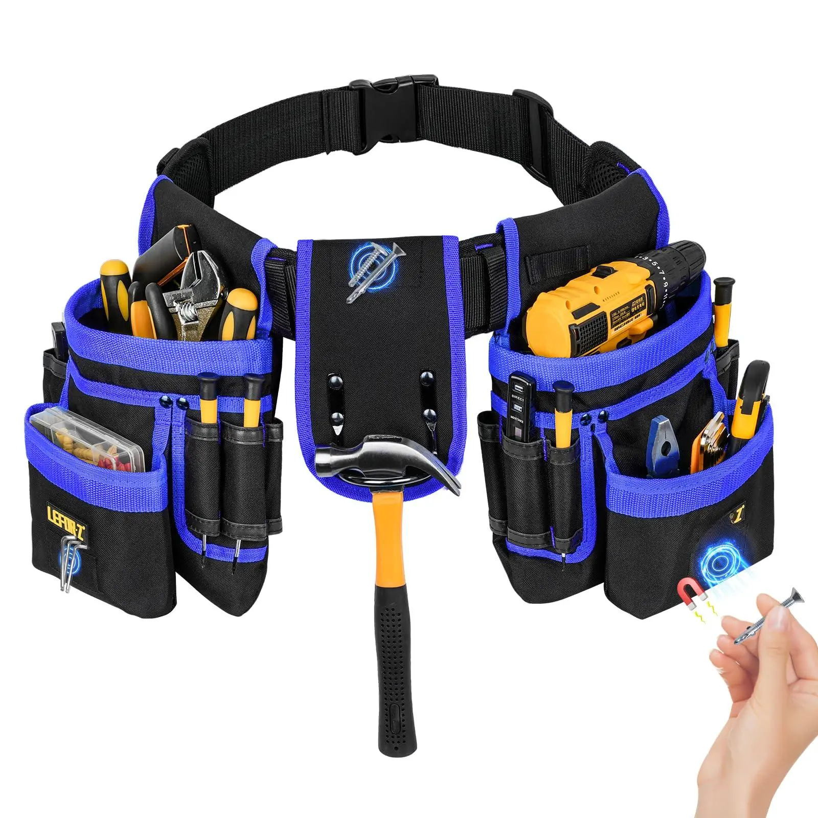 Magnetic Tool Bag Organizer - 27-Pocket Tear-Resistant Nylon Heavy-Duty Thick Belt Pad Utility Apron with Detachable Adjustable Wide Belt, Buckle, 31"-48" Waist for Electricians, Construction Work (Black & Blue)