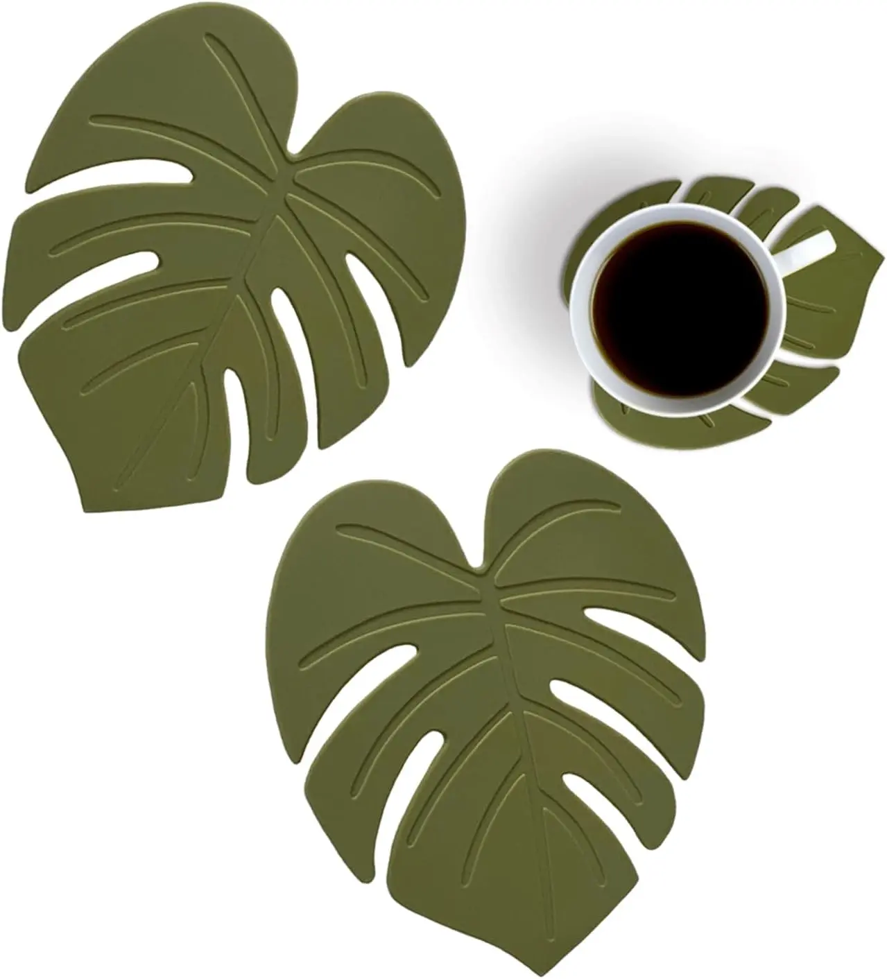 2PCS Cute Monstera Coasters, Soft Silicone Coaster for Drink, Fun Plant Cup Coasters for Desk, Creative 3D Green Turtle Leaf Drink Coaster, Tropical Home Decor