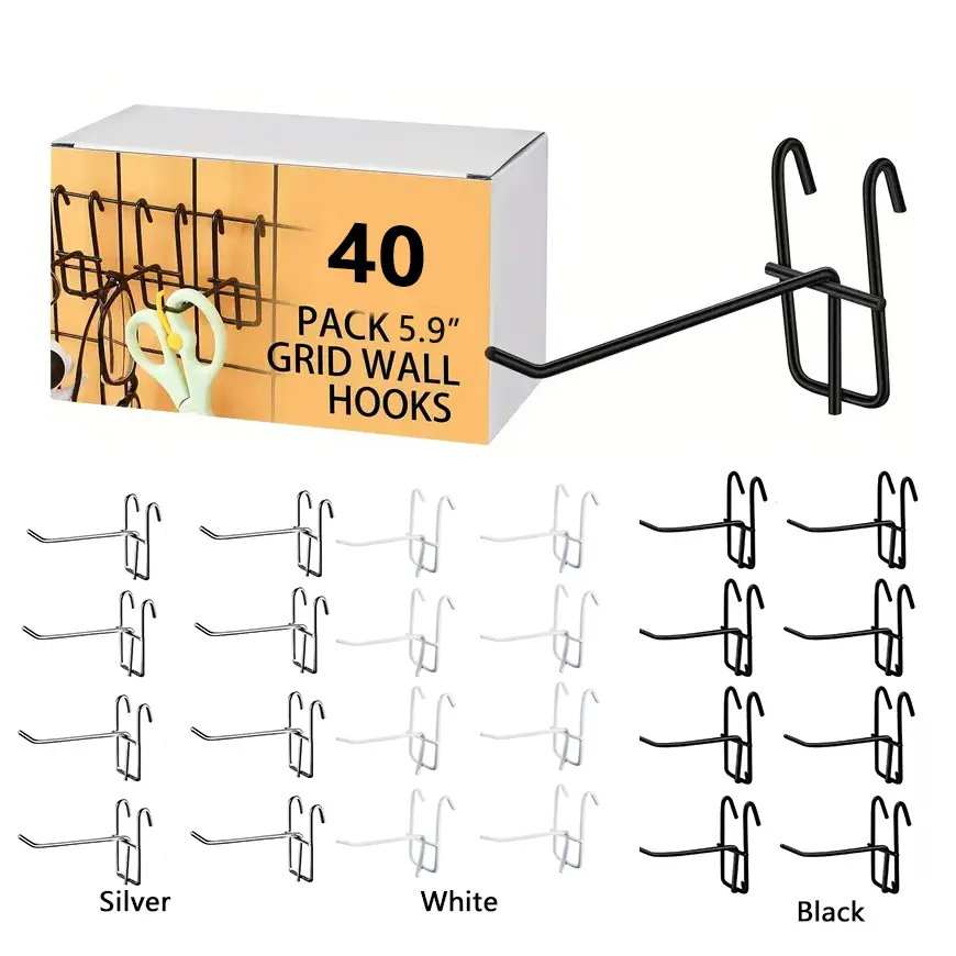 40-Pack Metal Grid Panel Hooks - Multi-Purpose Wall Storage Pegs for Kitchen, Garage, Space-Saving Hanging Organizers, 5.9inch