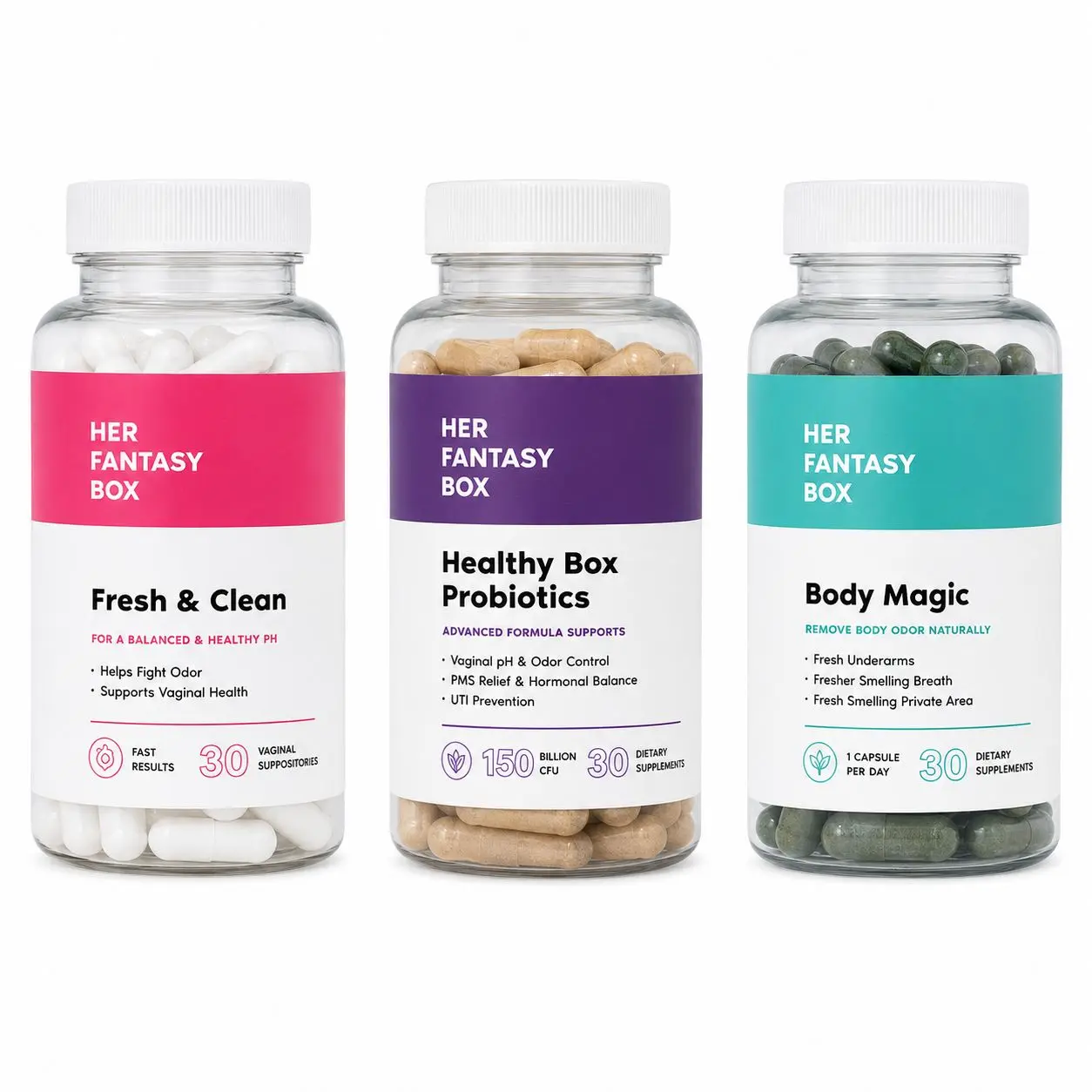Her Fantasy Box-Ultimate Odor Control & Detox Trio: Chlorophyll, V-Health Probiotics & Boric Acid Suppositories