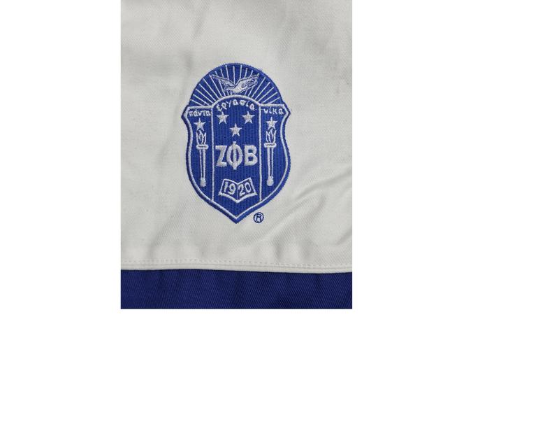 Zeta Phi Beta Flame Race Jacket - Women's Royal Blue & White Varsity Bomber with Embroidered Logo & Flame Graphics