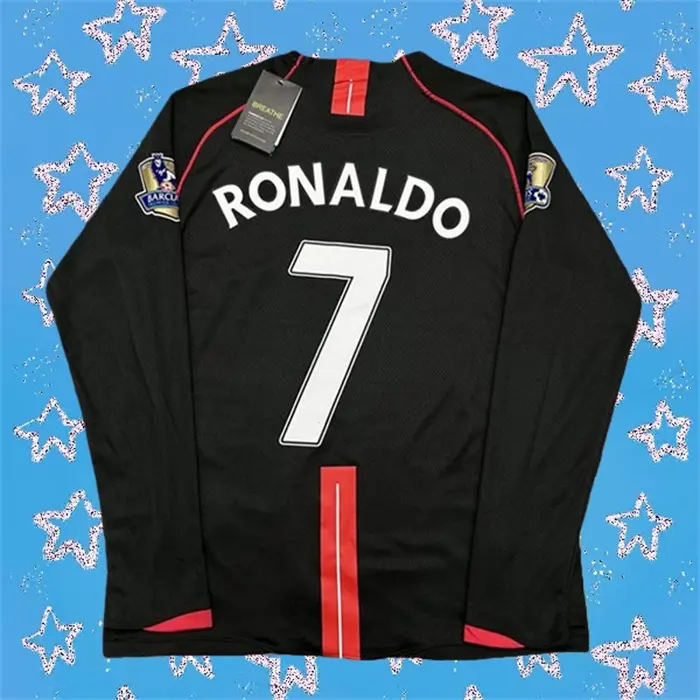 2007 2008 MUFC Away Retro Black No.7 Ronaldo Long Sleeved Soccer Jersey