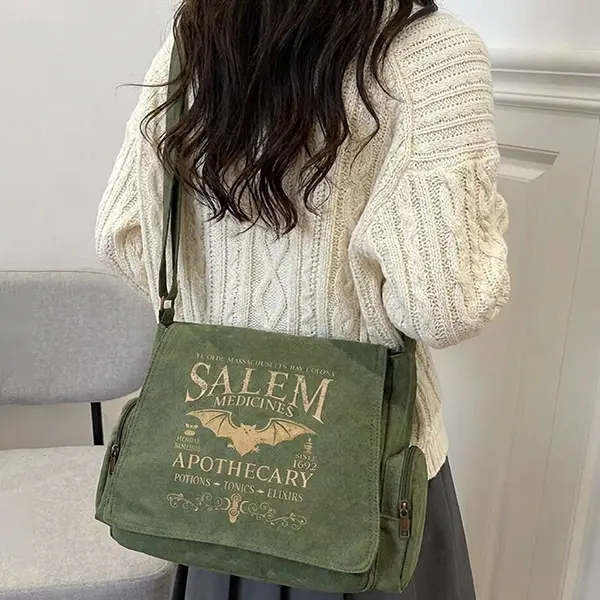 Retro Canvas Messenger Bag for Women, Lightweight Vintage Salem Bat Letter Print Crossbody Tote with Zipper Pockets and Adjustable Strap, Foldable, Salem Pharmacist Bat Pattern, Machine Washable, Adjustable Crossbody Bag, Basic