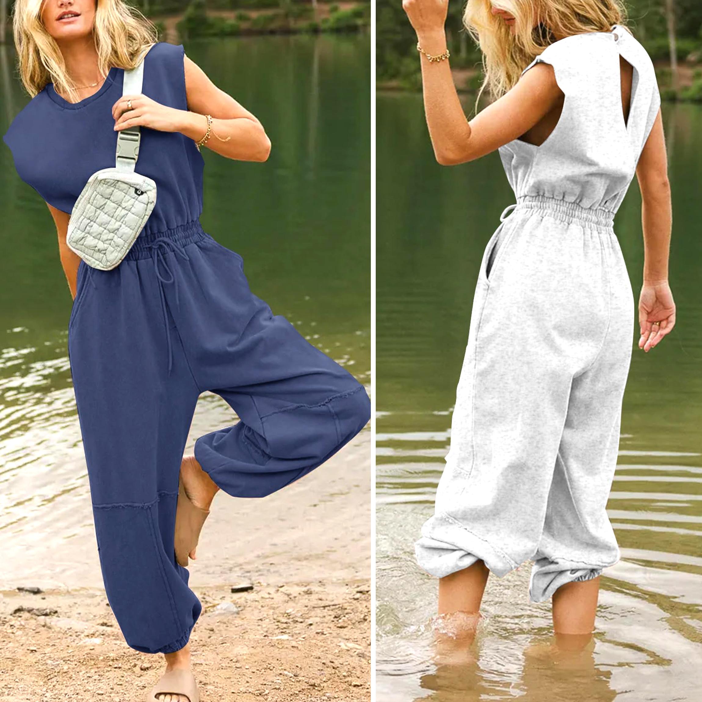 Buenoble Women’s Casual Sleeveless Jumpsuit Crewneck Cap Sleeve Wide Leg One Piece Romper with Drawstring Pockets SpringStatements