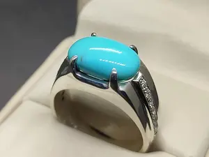 Natural Rare 8 Carat Nishapuri Feroza 925 Silver Handmade Men's Elegant Ring Blue Turquoise
