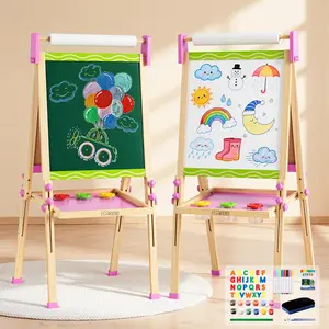 Adjustable Wooden Kids Art Easel with Paper Roll,Double-Sided Magnetic Toddler Easels,Dry Erase Whiteboard and Chalk Board,Toys for 3-10 Year Old Girl Boy Gift